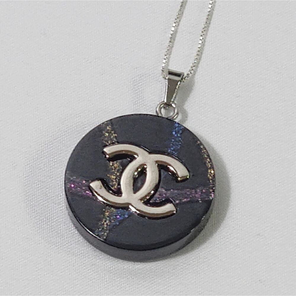 Chanel Charm with Sterling Silver Chain Black Iridescent